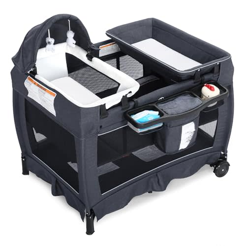 TODEFULL 4 in 1 Multifunctional Pack and Play, Foldable Baby Playards with Changing Table & Breathable Mesh, Baby Playpen for Babies and Toddlers, Grey