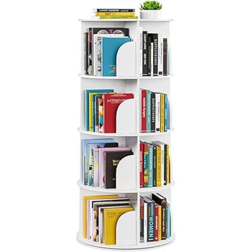 SpaceAid 4 Tier Rotating Bookshelf Tower, Spinning Bookcase Lazy Susan, Revolving 360 Book Shelf Storage Round Carousel, Vertical Rotate Turning Spiral Corner Organizer, White
