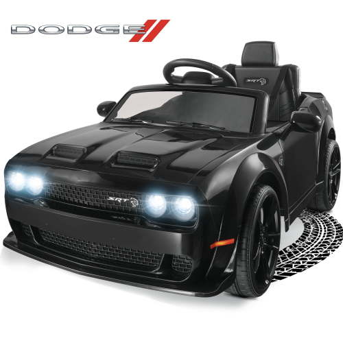 Dodge Challenger 12V Ride On Car, Battery Electric Car for Ages 3+ Kids, Licensed SRT Hellcat Ride On Toys with Remote Control, LED Lights, USB, Bluetooth Music, Black