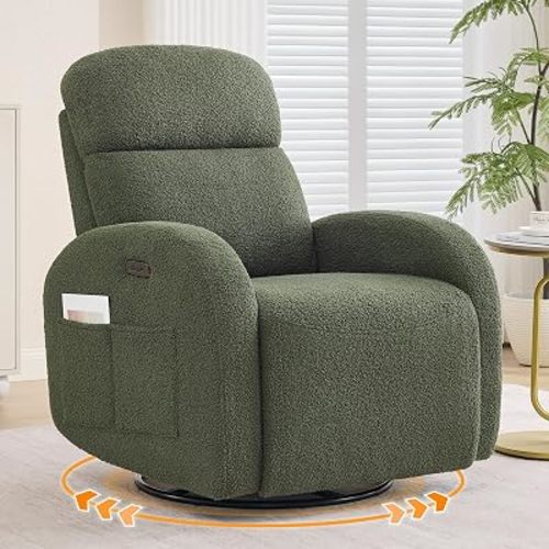 Power Nursery Glider Recliner, Boucle Swivel Rock Recliner with USB & Type-C, Nursery Rocking Chair Recliner with Double Pockets and Lumbar Support for Adult, Teddy Green