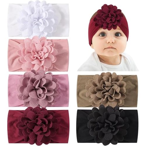 jollybows 6pcs Baby Girls Flower Hair Headbands Nylon Hair Bands Elastic Hair Accessories for Newborn Kids Infants Toddlers Dark Color
