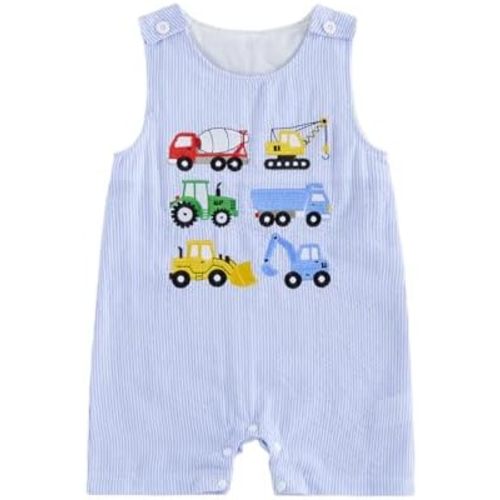 Baby Boy Summer Clothes Excavator Embroidery Romper Onesie Sleeveless Striped Jumpsuits Newborn 3 6 12 18 Months
