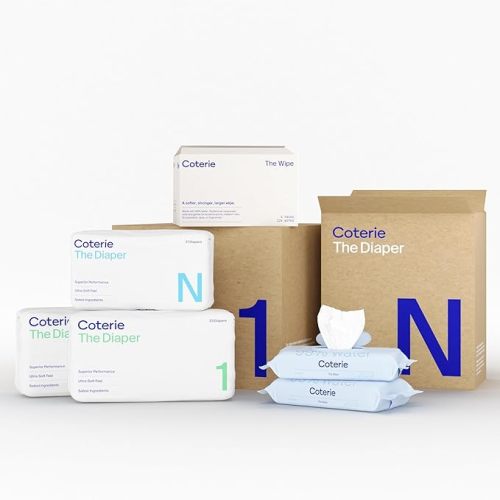 Coterie Newborn Diapers + Wipes Baby Kit, Size NB (3 Packs) + Size 01 (6 Packs) = 291 Diapers, Wipes Made with Plant-Based Fibers, Hypoallergenic, Designed for Sensitive Skin, Clean Ingredients