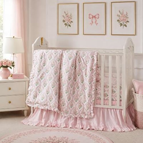 Brandream Organic Cotton French Crib Bedding Set for Baby Girls, 3 Pieces