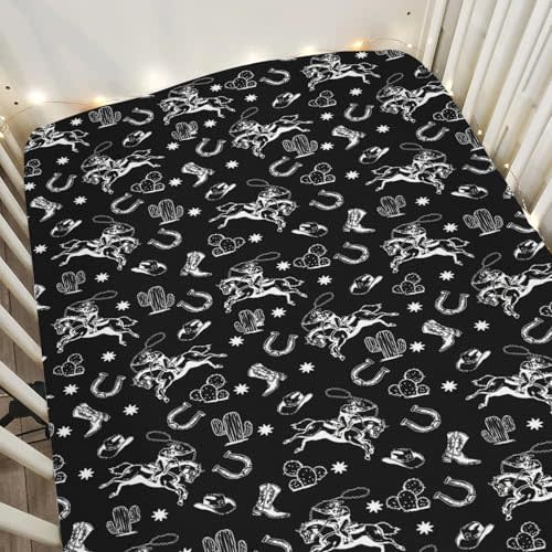 Black Western Cowboy Baby Crib Sheets for Boy Girl 52"x28" Cowboy Boots Hat Horse Cactus Soft Stretchy Fitted Crib Mattress Cover Wild West Desert Baby Sheet for Standard Crib and Toddler Mattress