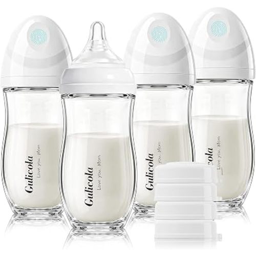 Gulicola Natural Glass Baby Bottle 8 oz for Breastfed Babies, Anti-Colic Baby Bottle Set with Medium Flow Nipple, 3 Months +, 4 Pack - White