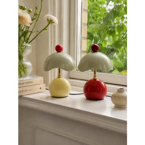 French Cream Eggshell Table Lamp, Red Accent, Bedside Night Light