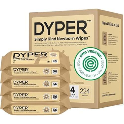 DYPER - Newborn Baby Wipes - 99.9% Water, 100% Plant-Based, Unscented & Hypoallergenic, Soft for Sensitive Skin, Plastic-Free, Skin-Friendly Ingredients - 4 Pack (224 Wipes)