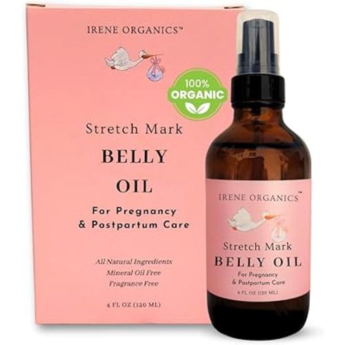 Irene Organics Organic Belly Oil for Pregnancy Stretch Mark Prevention and Treatment Award Winning Anti Stretch Mark Tummy Oil For Pregnancy and Postpartum - Hydrating Bump Serum
