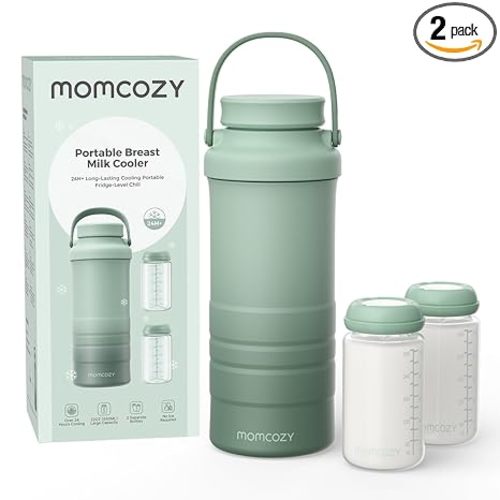 Momcozy 22oz Portable Breast Milk Cooler for Outdoor, Life Saver with 360° Total Cooling for 24 Hours, Larger Capacity Travel Breastmilk Chiller with 2pcs Baby Bottles for Breastmilk Storage, Green