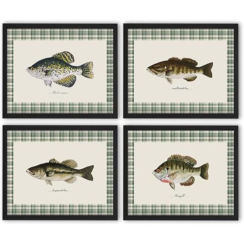 NaZaUK Vintage Fishing Wall Art Prints, Rustic Fish Canvas Wall Art Decor, Lake House Decor, Vintage Nursery Decor, Farmhouse Poster Artwork for Kitchen Bedroom, 8x10 Inches Set of 4 Unframed