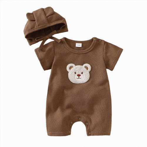 KPOPLK Newborn Baby Boy Romper Summer Clothes with Baby Hat Cartoon Print Boy Embroidery Jumpsuit Bodysuit Waffle Round Neck Onesie 3 6 12 18 Months(0-3 Months,Coffee)