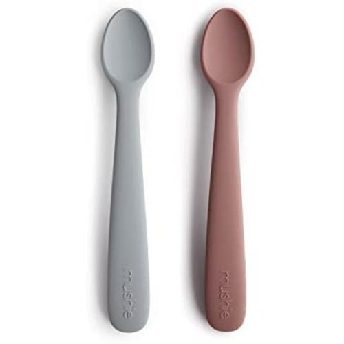 mushie Silicone Baby Feeding Spoons | 2 Pack (Stone/Cloudy Mauve)