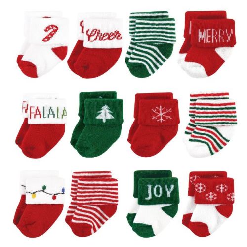 Hudson Baby Basics Infant Baby Cozy Terry Baby Sock 12-Pack, Christmas Cheer, 0-6 Months