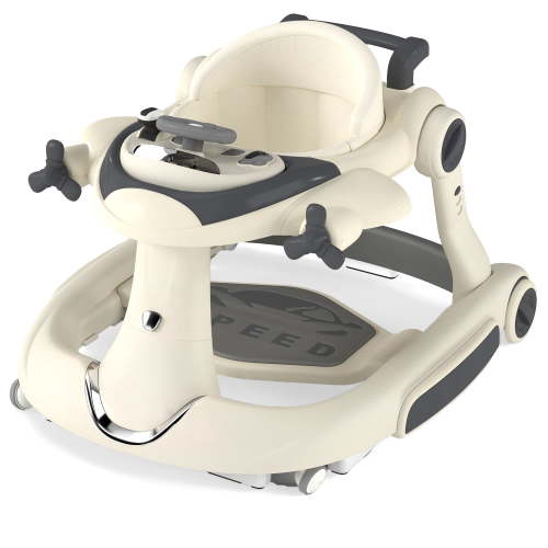 AILEEKISS 5-in-1 Musical Baby Walker with Wheels, Foldable Baby Walker for Boys Girls, Beige