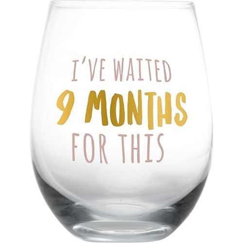 Pearhead I’ve Waited 9 Months For This Stemless Wine Glass, Perfect for Mother’s Day, Ideal Gift for Baby Shower, Post Pregnancy, New and Expecting Moms, Pink and Gold, 16 Oz