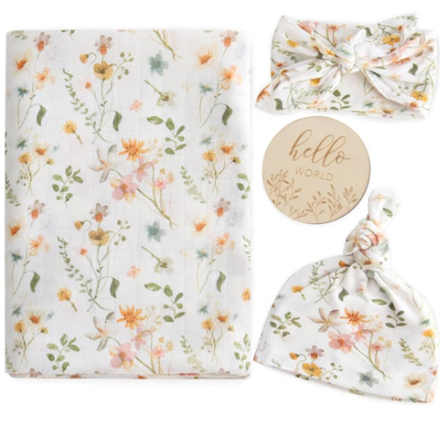 LifeTree Newborn Swaddle Set with Matching Hat and Bow Set, Wooden Birth Announcement Card, Floral Baby Girl Newborn Receiving Blankets Baby Swaddle Nursery Wildflower