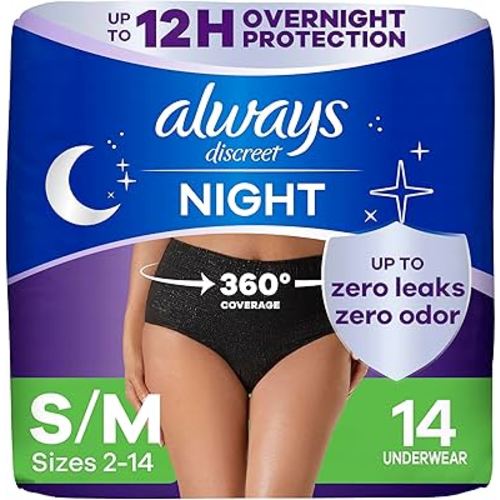 Always Discreet Adult Incontinence Overnight Underwear for Women, Small/Medium, Up to 100% Bladder Leak Protection, 14 Count