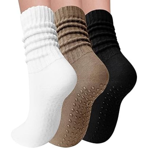 3 Pairs Pilates Socks with Grips for Women Yoga Slouch Grippy Socks for Barre Workout Hospital