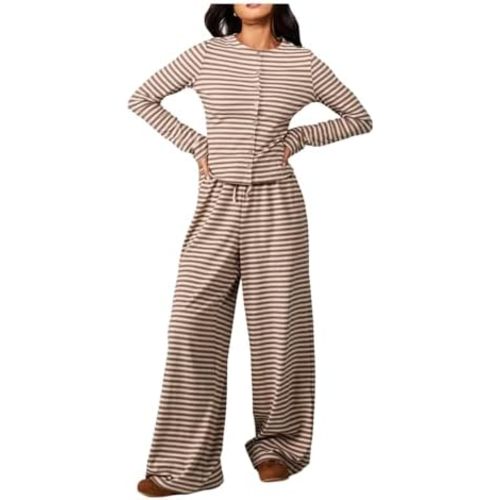 WDIRARA Women's Striped 2 Piece Pants Outfits Long Sleeve Button Down Knit Top Set Leisure Fall Casual