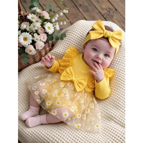 SHEIN Playful Pals Long Sleeve Newborn Baby Girl Yellow Vertical Stripe Bowknot Splicing Daisy Mesh Dress & Headband Two Pieces Set, Fall, Casual, School