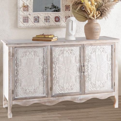 Heynemo Accent Cabinet Rustic Storage Cabinet with 3 Carved Doors, Vintage Sideboard Buffet Cabinet with Shelves, Wash Grey Set of 1