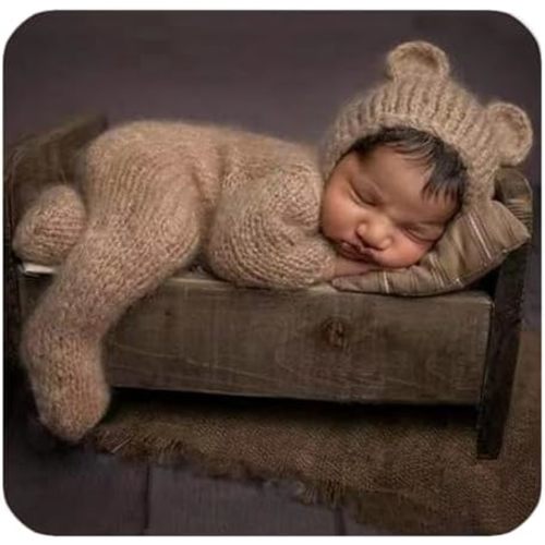 2Pcs Newborn Photography Props Boy Photo Posing Outfits Baby Photoshoots Girl Crochet Bear Hat Romper