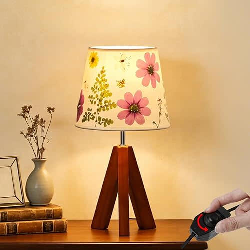 Dried Flowers Tripod Table Lamp 14.56in, 9W LED Dimmable Cute Bedside Lamp with Flowers Linen Lampshade for Nursery, Bedroom, Kid Room, Living Room, Light Brown Wooden Base
