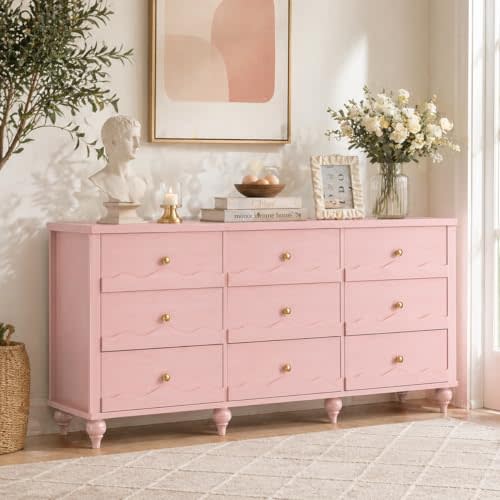 Cyclysio 9 Drawer Dresser, Chest of Drawers for Bedroom, Wood Drawer Organizer for Living Room, Bedroom, Hallway (Pink)