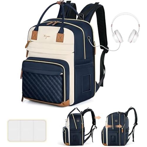 Diaper Bag Backpack - Extra Large Diaper Bag for 2 Kids Twin, Travel Baby Bags for Mom Dad 25-37L Expandable with Changing Pad Earphone Hole, Apricot Blue