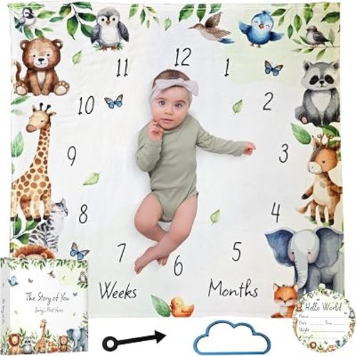 Daisa GM Baby Monthly Milestone Blanket Unisex 45"x45", with Baby Memory Book an Arrow and a Small Cloud, a Wooden Announcement Sign, Milestone Blanket.