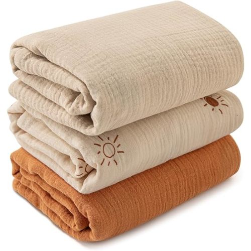 Muslin Swaddle Blankets for Newborn, 3 Pack Breathable Soft Receiving Blanket, Large 38 x 40 inches Swaddle Wrap Burping Clothes, Essentials Infant Shower Items, Toddler Gift (Elegant Colors)