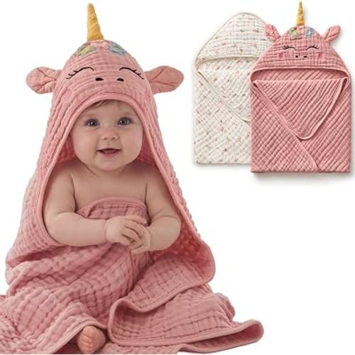Blissful Diary Muslin Baby Hooded Towel 2 Pack, Soft & Absorbent Bath Towel for Infant, Toddler, Baby Girl Gift, Newborn Essentials, Unicorn & Pink Floral