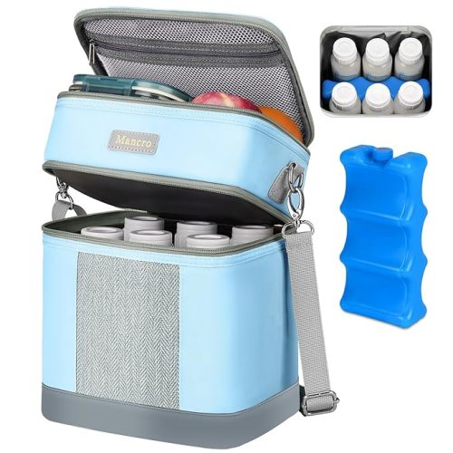 Mancro Breastmilk Cooler Bag with Ice Pack, Double Layer Breast Milk Cooler Bag Fits 6 Bottles Up to 9 Ounces, Waterproof Bottle Storage Bag for Nursing Mom Daycare, Blue