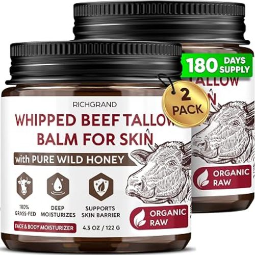 RICHGRAND Beef Tallow for Skin 2 Pack - Whipped Tallow and Honey Balm - Grass Fed Beef Tallow for Face, Daily Moisturizer & Body Butter - Natural Non Comedogenic Skincare (8.6 oz)