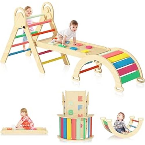 Pikler Triangle Set, Montessori Climbing Set, Baby Climbing Playset Toys Indoor, Jungle Gyms for Toddlers Ages 1-4, Toddler Climb Playground (Rainbow)