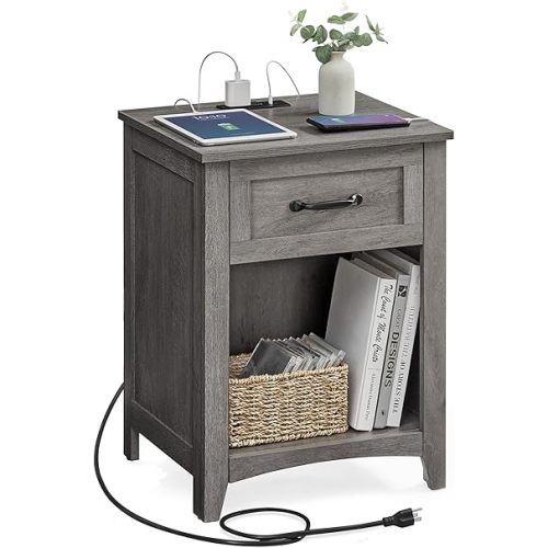 VASAGLE LIRY Collection - Farmhouse Nightstand with Charging Station, Bedside Table, Side Table with Drawer, Open Compartment, for Bedroom, Misty Gray ULET659G68