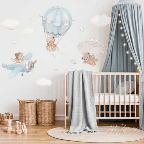 BLUE Fabric Wall Decal "bears in the Air" Nursery Wall Sticker, Bears Wall Decal, Transportation Wall Decal, Hot Air Balloon Decal - Etsy
