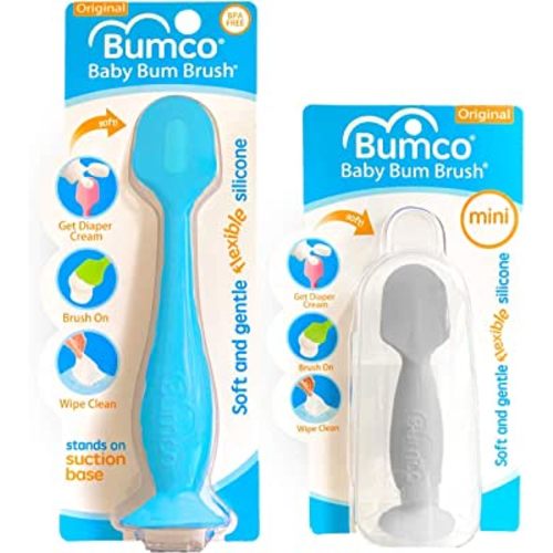 Bumco Diaper Cream Spatula + Mini Baby Bum Brush for Baby Butt Cream with Travel Case - Diaper Cream Applicator Set, Butt Spatula Baby Necessities, Diaper Cream Brush, Blue & Gray