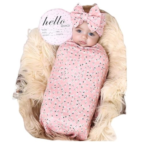 Galabloomer Receiving Blanket Headband Set Flower Print Baby Swaddle Blankets