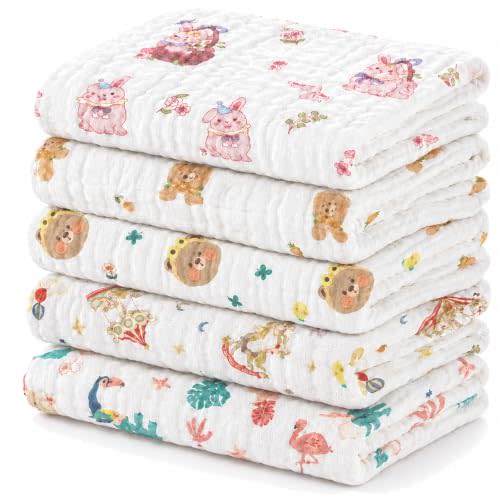 Baby Burp Cloths 5 Pack, 100% Cotton Muslin Burp Cloths for Baby Girl Boy | 6 Layer Gauze Burp Rags, Soft Absorbent Breathable Newborn Burping Cloths, Multi-Use for Spit Up, Drool & Feeding, 10" x 20"
