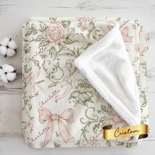 Personalized Baby Name Blanket, Custom Floral Elegant blanket, Soft Toddler Blanket Gift For Baby Girl, Newborn Nursery Decor Blanket