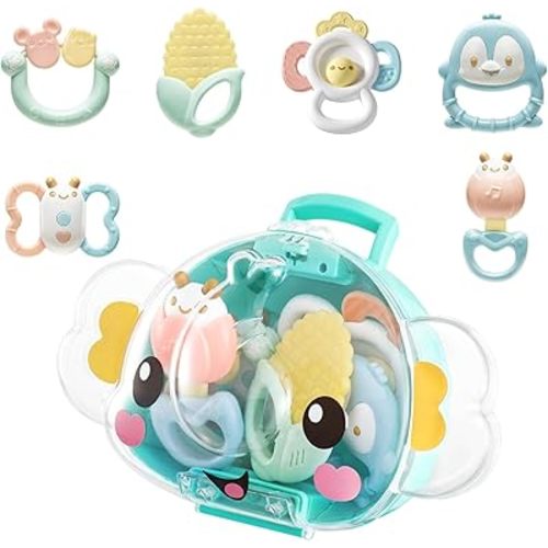 auby Teether Rattle 6Sets Toys with Gift Box, Baby Toy TPE Material & Heat-Resistant, Suitable for Newborns