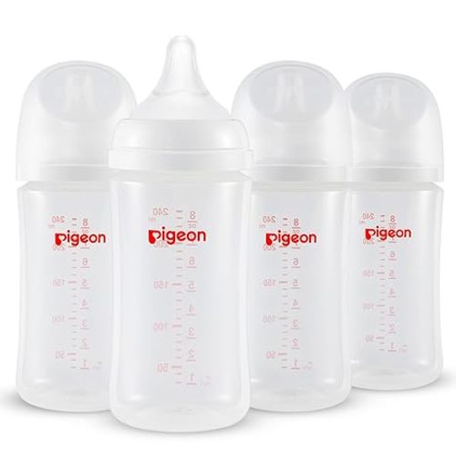 Pigeon PP Nursing Bottle Wide Neck, Anti-Colic, Streamlined Body, Natural Feel, Easy to Clean, 8.1 Oz(Pack of 4), Includes 4pcs M Nipples (3m+)