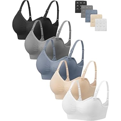 Angelhood Nursing Bra 5 Pack Womens Maternity Breastfeeding Seamless Wireless Sleep Bra with Extenders