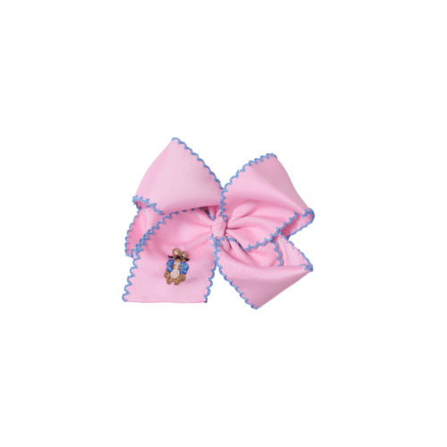 Scalloped Edge Grosgrain Bow with Embroidered Bunny Pink/Blue