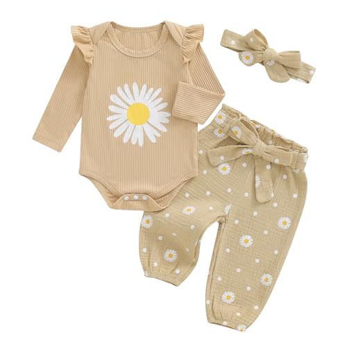 Kaipiclos Newborn Infant Girl Clothes Rib Knit Romper Daisy Print Pants Headband Baby Clothes for Girls 0 3 6 12 18 24 Months