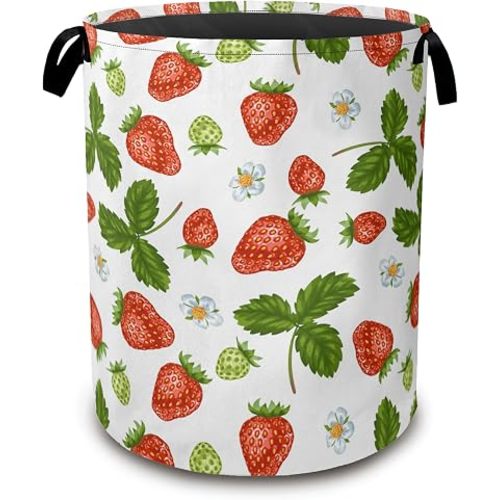 Strawberry Laundry Hamper,Collapsible Laundry Baskets,Flowers Leaf Dirty Clothes Baskets with Handles,Oxford Cloth Hamper for Bedroom,Bathroom,College Dorms, 16"x20"