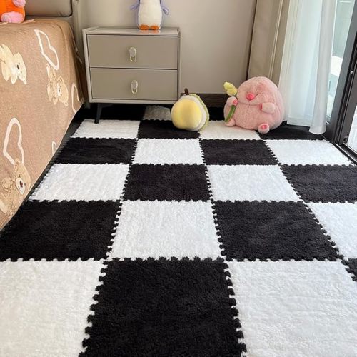12pcs Carpet Squares Puzzle Floor Mat, Plush Interlocking Carpet Tiles, Anti Slip EVA Foam Jigsaw Floor Tiles, Build A Safe Area for Bedroom Playroom (White+Black)