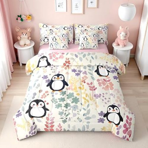 Erosebridal 7Pcs Flower Penguin Full Comforter Set with Sheets,Cute Colorful Floral Bedding Set for Kids Girls Boys,Kawaii Animal Print Bed in a Bag with Fitted Sheet,Flat Sheet,Pillowcases